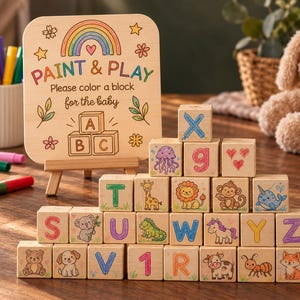 May include: A wooden sign on a small easel with the text Paint & Play Please color a block for the baby, featuring a rainbow and ABC blocks. Beside it is a pyramid of wooden blocks, each decorated with colourful illustrations of animals, letters, and numbers.