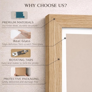 May include: A close-up of a wooden picture frame with the text "WHY CHOOSE US?". The frame features premium materials, real glass, rotating tabs, and protective packaging. The frame is 25 cm wide and has a durable structure.