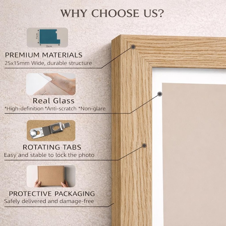 May include: A close-up of a wooden picture frame with the text "WHY CHOOSE US?". The frame features premium materials, real glass, rotating tabs, and protective packaging. The frame is 25 cm wide and has a durable structure.