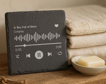 Custom Song Rock Coaster – Personalized Music Player Slate Coaster with Your Favorite Song Title & Artist Name – Gift for Music Lovers