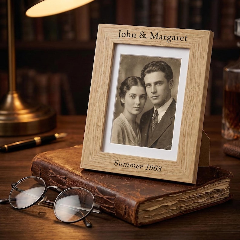 May include: A wooden picture frame with a black and white photo of a couple, inscribed with "John & Margaret" and "Summer 1968." The frame rests on a vintage leather-bound book, with a pair of round eyeglasses in the foreground.