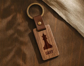 Custom Chess Piece Keychain, Personalized Walnut Wood Keychain with Name, Gift for Chess Player, Wooden Key Ring for Him, Chess Lover Gift