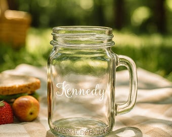 Custom Engraved Mason Jar with Handle, 16oz Personalized Glass with Your Text or Logo, Custom Gift, Drinking Jar, Business Logo, Event Favor