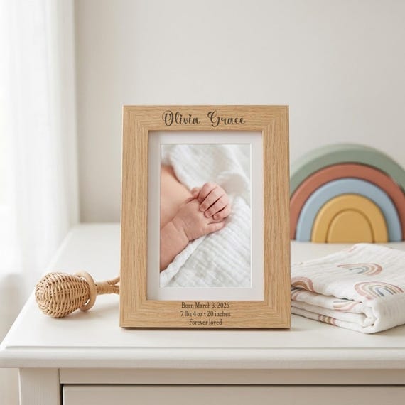 Personalized Baby Photo Frame Custom Engraved Baby Shower Gift Natural Oak Wood 4x6 5x7 8x10
