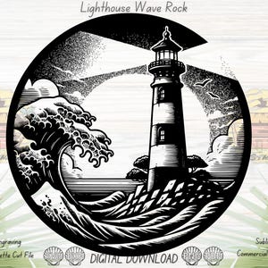 May include: Black and white illustration of a lighthouse with a wave crashing against it. The lighthouse is tall and has a pointed roof. The wave is large and has a foamy crest. The image is in a circle and has the text "Lighthouse Wave Rock" at the top.
