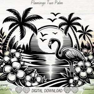 Flamingo & Tropical Flowers SVG, Laser Engraving, Sublimation File, Palm Trees Sunset Design, Topical Flamingo SVG, Hibiscus Engraving