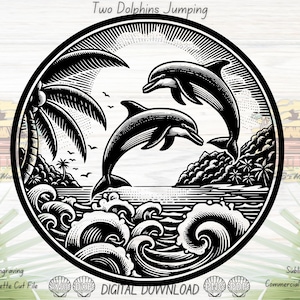 May include: Black and white illustration of two dolphins leaping out of the water. The dolphins are surrounded by waves and a palm tree. The text "Two Dolphins Jumping" is at the top of the image.