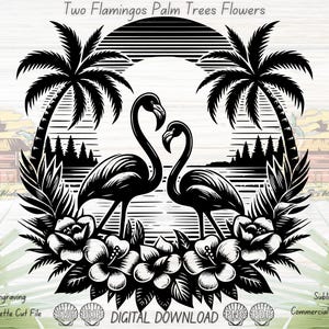 Flamingo Beach Scene SVG, Laser Engraving & Sublimation File, Palm Trees, Sunset, Ocean and Tropical Flowers, Hibiscus Design, Tumbler Wrap