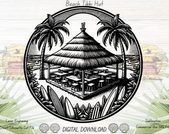 Tropical Beach SVG, Palm Trees Laser Engrave, Hut Sublimation, Beach Scene Digital Download, Tiki Hut Beach Scene, Vacation Craft Project