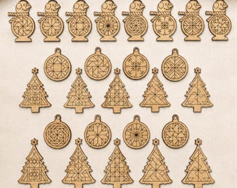 M3 - Laser Cut Mini Barn Quilt Ornament Set of 26 - Mosaics Cut Shapes, Barn Quilts Color Mini Sized Barn Star Christmas Bulb Snowman Tree