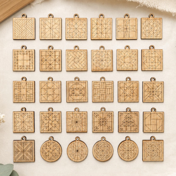 30 Mini Barn Quilt Ornament Blanks, 1.75-Inch Unfinished Wood Christmas Craft, Pattern Set 1