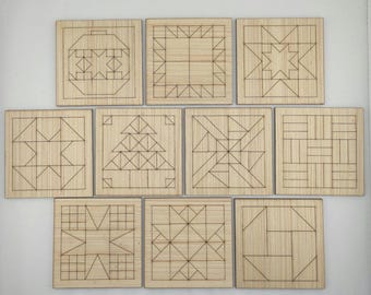 Laser Cut Barn Quilt Blanks Set of 10 - CO3.1 - Mosaics Supplies Cut Shapes, Barn Quilts Color Mosaics to Color Barn Star Christmas 1/8"