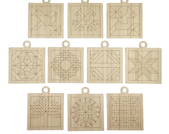Laser Cut Barn Quilt Ornament Set of 10 - CO6 - Mosaics Supplies Cut Shapes, Barn Quilts Color Mosaics to Color Barn Star Christmas 1/8"