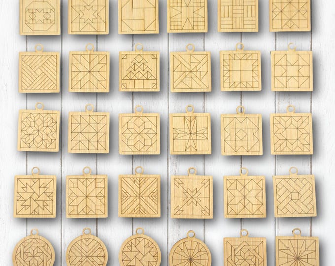 Featured listing image: Laser Cut Mini Barn Quilt Ornament Set of 30 - CO5 - Mosaics Cut Shapes, Barn Quilts Color Mini Sized Barn Star Christmas approx 1.75" wide