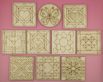 Laser Cut Barn Quilt Blanks Set of 10 - CO2.1 - Mosaics Supplies Cut Shapes, Barn Quilts Color Mosaics to Color Barn Star Valentine's
