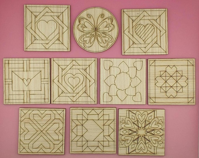 Laser Cut Barn Quilt Blanks Set of 10 - CO2.1 - Mosaics Supplies Cut Shapes, Barn Quilts Color Mosaics to Color Barn Star Valentine's