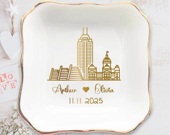 Custom City Jewelry Tray for Couple Anniversary, Wedding Ring Dish with City Skyline, Engagement Gift for Her, 1st Anniversary Couple Gift