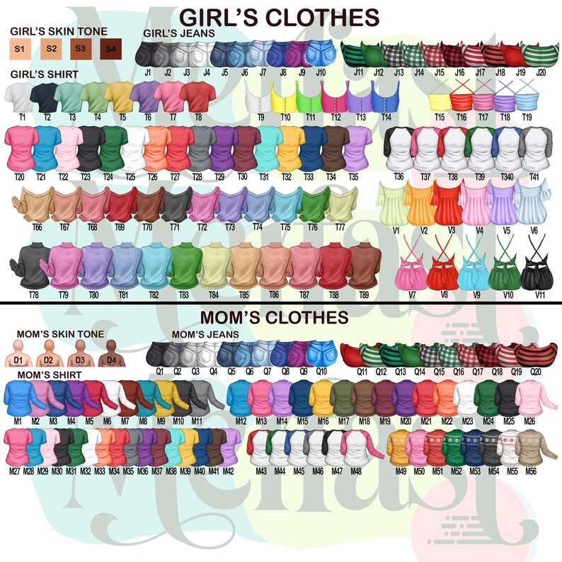 May include: A chart with various clothing options for girls and moms. The chart includes different skin tones, shirts, jeans, and dresses. The chart is labeled "Girl's Clothes" and "Mom's Clothes".