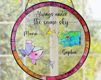 Personalized Long Distance Friendship Suncatcher, State to State Glass Ornament, Always Under the Same Sky, Sister, Bestie Gift,BFF Keepsake