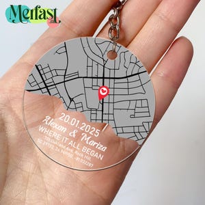 Personalized Map Acrylic Keychain, Our First Date Map Valentine&#39;s Gifts For Boyfriend, Custom Couple Keyring, Romantic Gift For Her