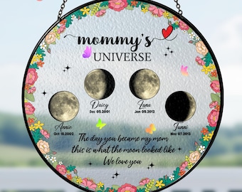 Custom Moon Phase Stained Glass Suncatcher, Moon Phase Window Decor, Mother’s Day Gift, Birthday Gift, Gift for Mom, Grandma, or Gigi
