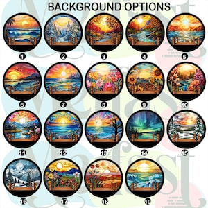 May include: A set of 19 colorful stained glass style images, each depicting a different scene. The images are circular and have a wooden frame. The images are numbered 1 through 19.