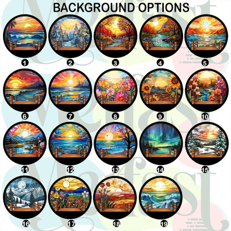 May include: A set of 19 colorful stained glass style images, each depicting a different scene. The images are circular and have a wooden frame. The images are numbered 1 through 19.