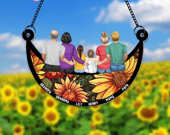 Custom Family Name Suncatcher Ornament, Family Sitting On The Moon Suncatcher, Window Hanging Decor, Gift idea for Family, Friend, College