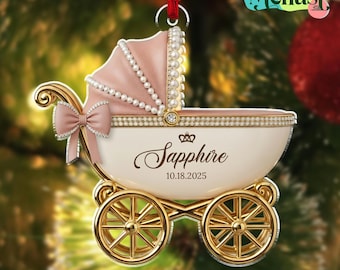 Custom Baby Girl Carriage Ornament: Pink Stroller First Christmas Decor, Newborn Holiday Gift