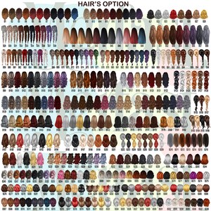 May include: A chart of 90 different hairstyles for a customizable avatar. The hairstyles are numbered and arranged in rows. The hairstyles include long, short, curly, straight, and braided styles.
