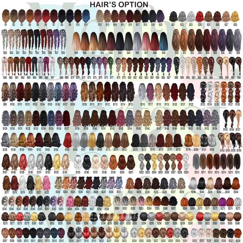May include: A chart of 90 different hairstyles for a customizable avatar. The hairstyles are numbered and arranged in rows. The hairstyles include long, short, curly, straight, and braided styles.