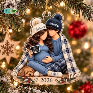 May include: A clear acrylic Christmas ornament featuring an illustration of two people in blue sweaters and beanies labeled Sophia and Daniel, holding an ultrasound image. A small brown dog lies at their feet, with the year 2026 printed at the bottom.