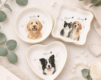 Custom Pet Photo Ring Dish, Personalized Watercolor Dog or Cat Portrait Ceramic Trinket Tray, Pet Memorial Gift