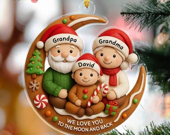 Custom Grandparent and Grandchild Ornament, Gingerbread Moon Keepsake, Personalized Family Christmas Gift