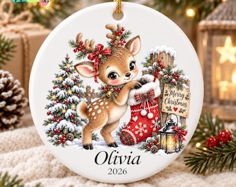 Personalized Girl Christmas Ornament 2026, Custom Name Reindeer Ornament, Baby Girl First Christmas Keepsake, Kids Xmas Gift