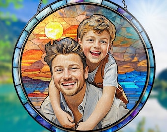 Personalized Photo Suncatcher for Dad, Custom Stained Glass Family Portrait Suncatcher, Photo Window Hanging, Father’s Day Gift for Dad,Papa