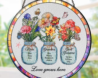 Custom Great Grandma's Garden Suncatcher, Birth Flower Stained Glass Window Decor, Mother's Day Gift, Gift from Grandkids, Grammy Present