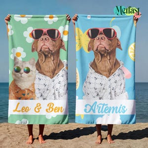 Custom Pet Photo Beach Towel, Personalized Pet Name Pool Towel, Unique Gift for Pet Owners, Funny Vacation Towel, Animal Lover Gift
