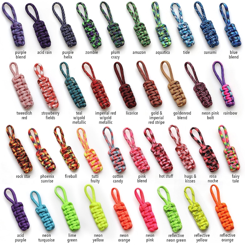 May include: A collection of 30 colorful paracord keychains with various patterns and designs. The keychains are made with different colors of paracord, including red, blue, green, yellow, orange, purple, pink, and black. Each keychain has a unique name, such as "Tweedish Red", "Fireball", "Neon Pink Bolt", and "Acid Purple".
