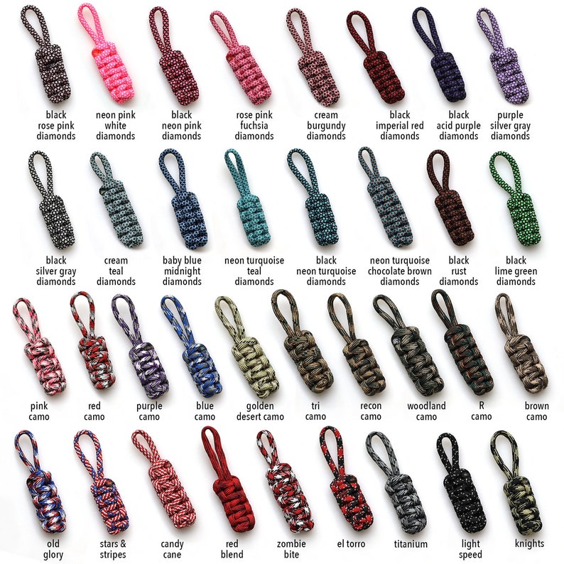 May include: A collection of 30 zipper pulls with various colors and patterns, including diamonds, camo, and stripes. The zipper pulls are made of cord and are designed to be used on bags, jackets, and other items.