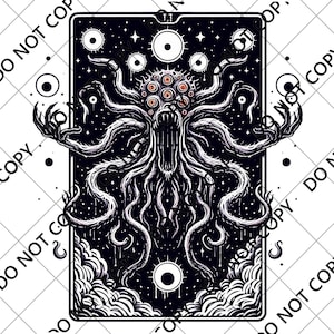 Vector de carta del tarot del monstruo tentáculo lovecraftiano, horror cósmico png, arte de sublimación gótico, clip art sobrenatural, descarga digital oscura