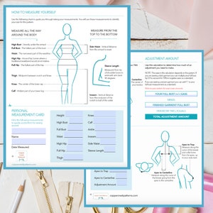Afdrukbare digitale damesmaattabel met instructies en volledige borstaanpassing. Afdrukbare digitale persoonlijke meetkaarten