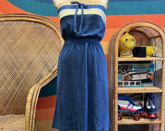 Vintage Julie Girl 70s 80s Terry Cloth Tube Top Blue Summer Dress Medium