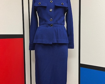 Vintage 90er Jahre St. John Separates 2-teiliger Strickblazer-Rockanzug, blau, USA-Herstellung, Größe Medium (12)