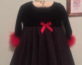 Vintage black and red polka dot feather baby dress / 12 months