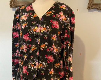 Vintage black floral two piece dress and jacket set • size 12 • by Lanz Originals