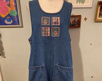 Vintage cotton denim patchwork pocket front jumper dress • by Classic Elements • size medium (10-12)