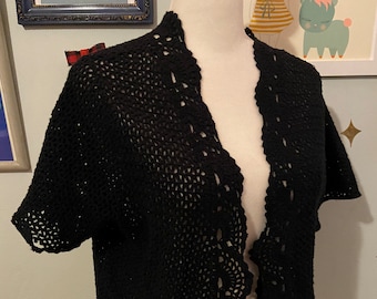 Vintage black crochet short sleeve cardigan • by R&K originals