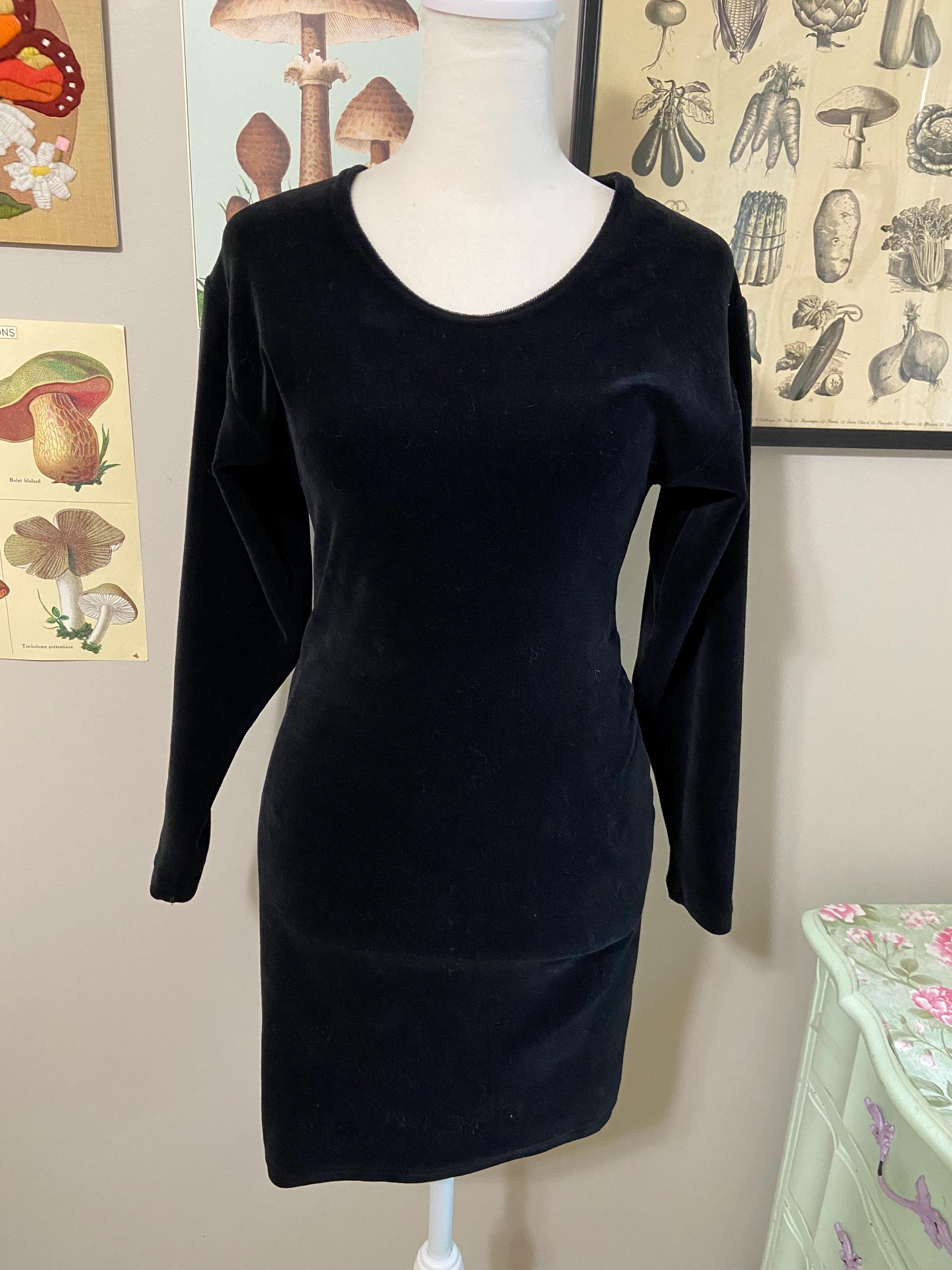 Vintage Y2k Black Velour Long Sleeve Fitted Dress * by in Charge