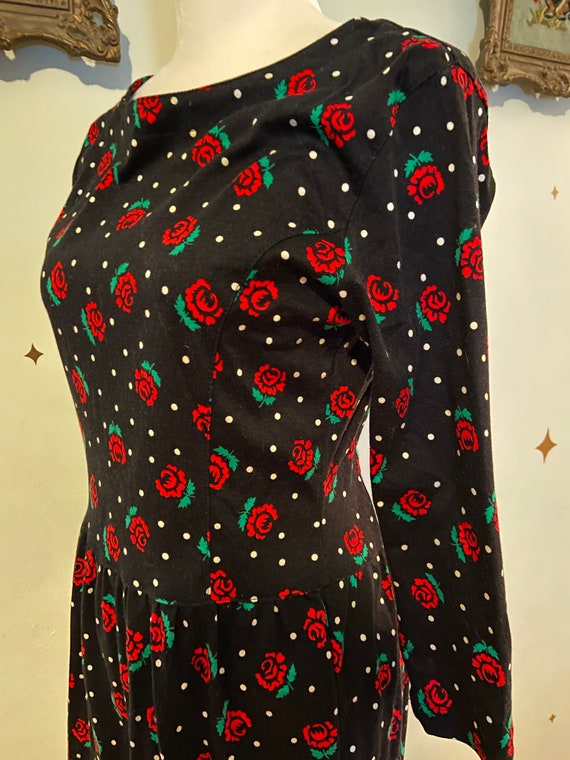 Vintage black cotton dress with red rose and polk… - image 3